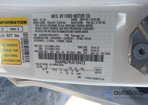 2020 Ford Fusion S z USA, uszkodzony, nr VIN 3FA6P0G79LR159473